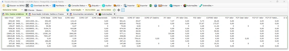 Dados completos das notas fiscais